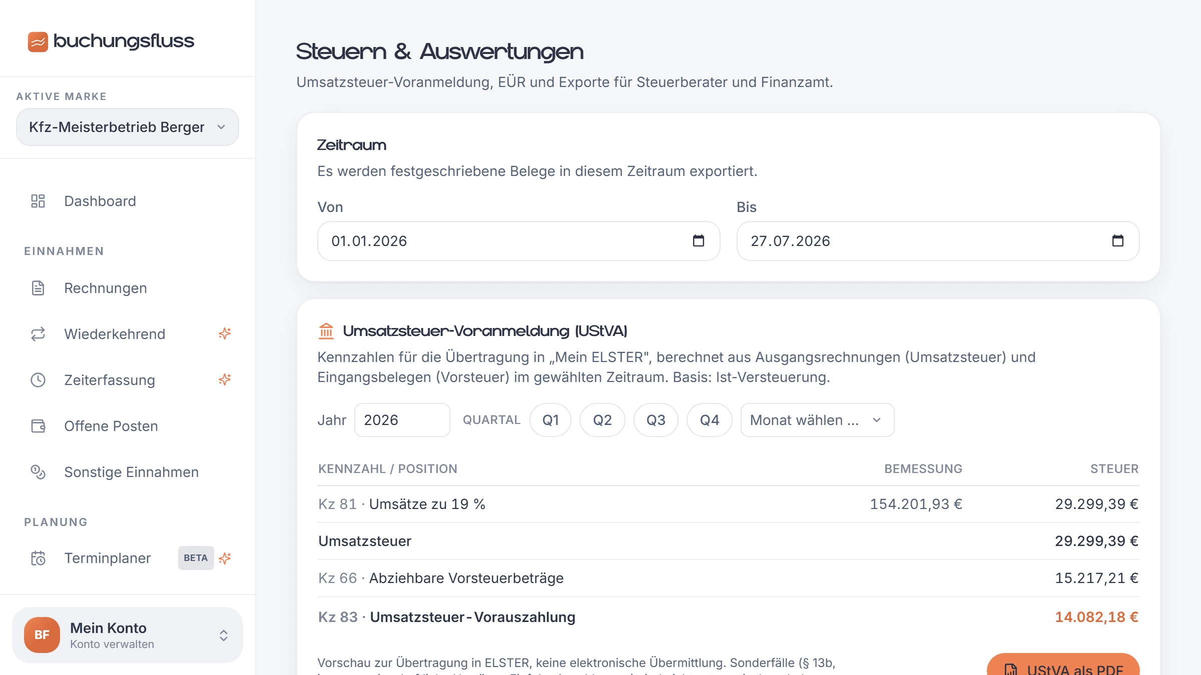 Reports and export in Buchungsfluss